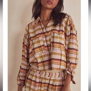Free People Plaid Button-Up Women Top or Pajama Size Medium